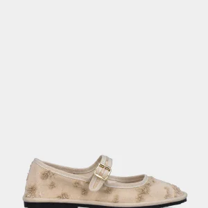Friulana Mary Jane in tessuto beige con strappi e tacco flat