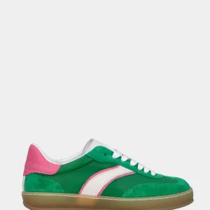 Sneaker multimateriale in tessuto tecno e velour verde con profilo fucsia