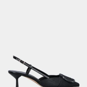 Slingback in tessuto nero con anello decorativo e tacco a calice