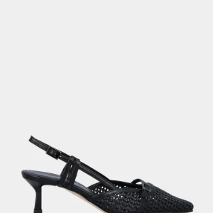 Slingback in rafia nera con cinturino e tacco a calice