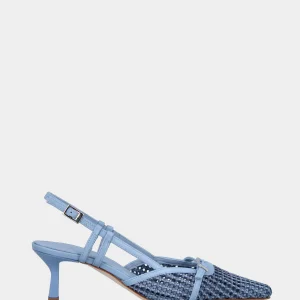 Slingback in rafia celeste con cinturino e tacco a calice