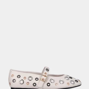 Ballerina Mary Jane in nappa bianco latte con anellini metallici