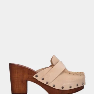 Zoccolo sabot in velour beige con vaschetta infilata e plateau