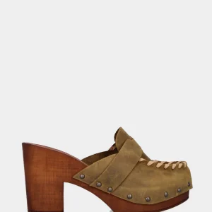 Zoccolo sabot in velour verde con vaschetta infilata e plateau
