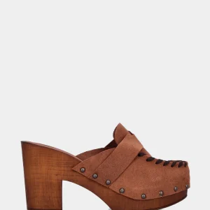 Zoccolo sabot in velour color cuoio con vaschetta infilata e plateau