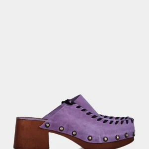Zoccolo sabot in vitello viola con plateau e cuciture nere a contrasto