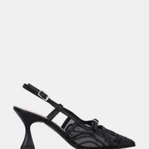 Slingback in vitello nero con ricamo su zanzariera