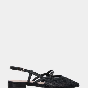 Slingback in nappa nera con ricamo su zanzariera e tacco basso