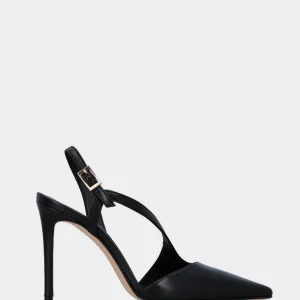 Slingback in nappa nera con listino obliquo e tacco stiletto a coda