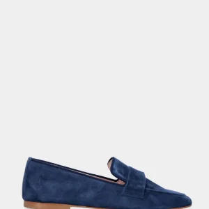 Mocassino in camoscio blu con mascherina a bocca di leone