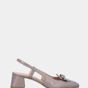 Slingback in vitello grigio con tacco a blocco 50 mm e fiocchetto