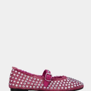 Ballerina Mary Jane in rafia fucsia con strass a borchie
