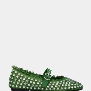 Ballerina Mary Jane in rafia verde con strass a borchie